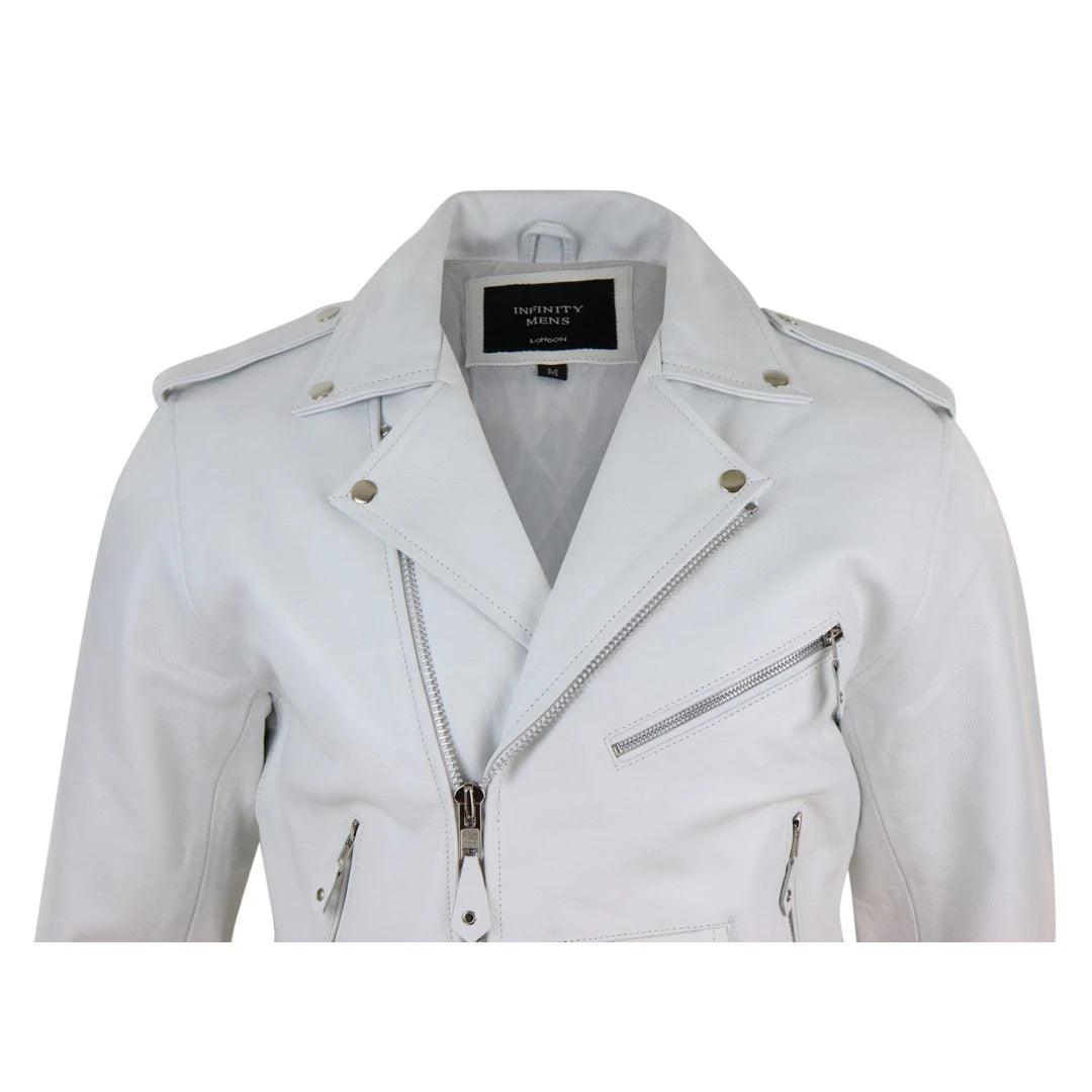 Mens Real Leather Biker Jacket Cross Zip Brando White Hide Grease Classic - Knighthood Store