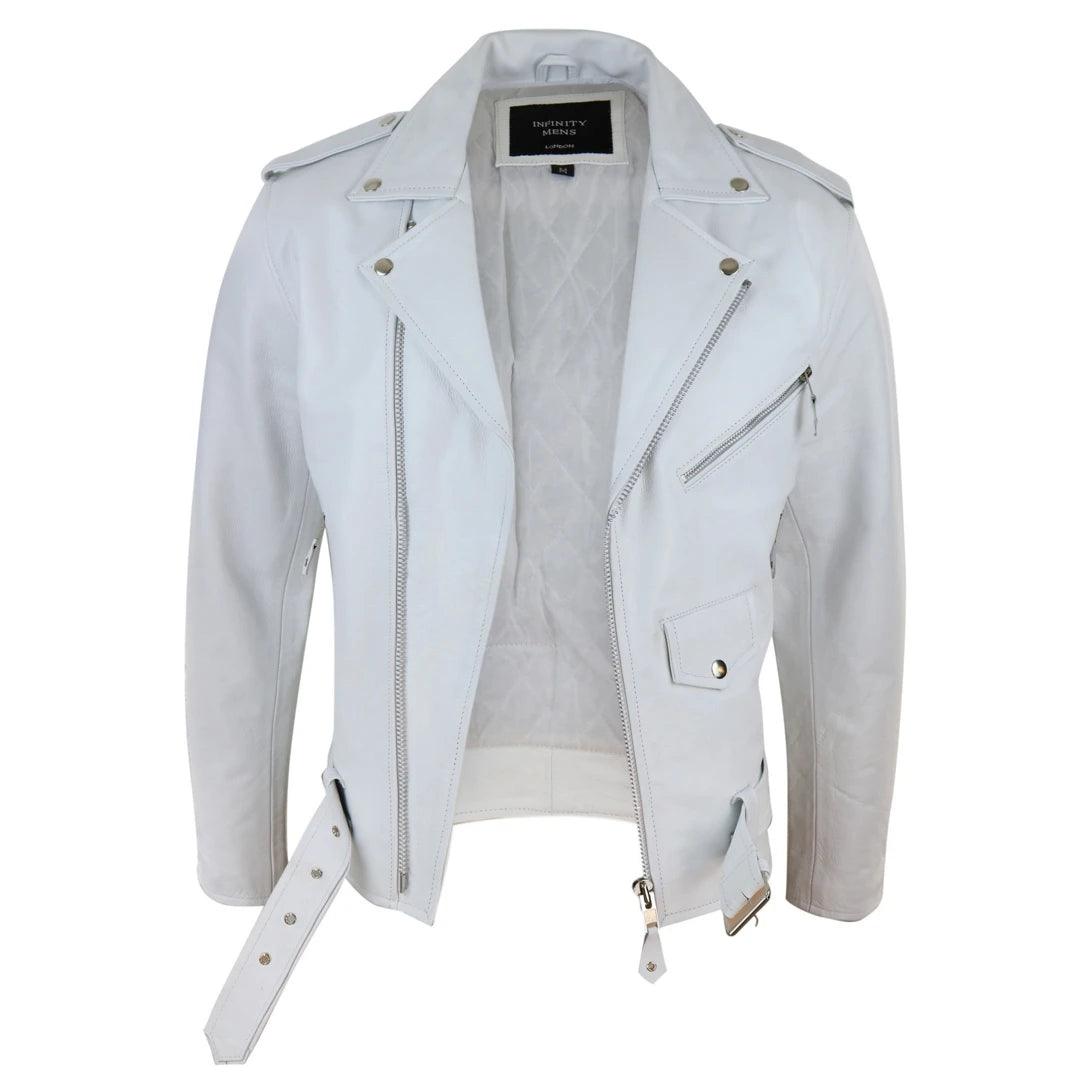 Mens Real Leather Biker Jacket Cross Zip Brando White Hide Grease Classic - Knighthood Store