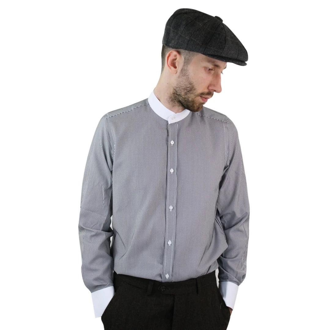 Mens Retro 1920s Shirt Vintage Classic Removable Collar Stripe Grandad Nehru Shelby Penny Button - Knighthood Store