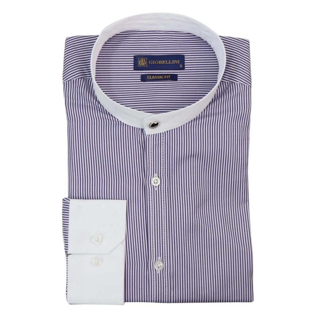 Mens Retro 1920s Shirt Vintage Classic Removable Collar Stripe Grandad Nehru Shelby Penny Button - Knighthood Store