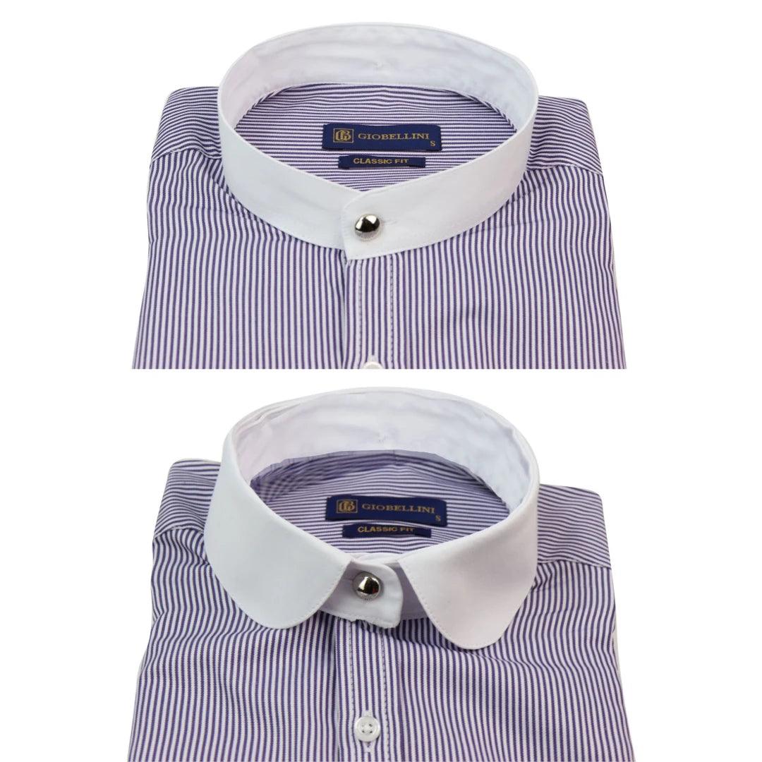Mens Retro 1920s Shirt Vintage Classic Removable Collar Stripe Grandad Nehru Shelby Penny Button - Knighthood Store