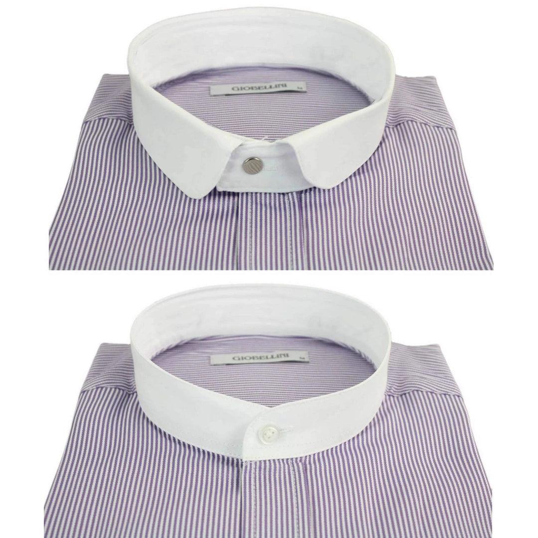 Mens Retro 1920s Shirt Vintage Classic Removable Collar Stripe Grandad Nehru Shelby Penny Button - Knighthood Store