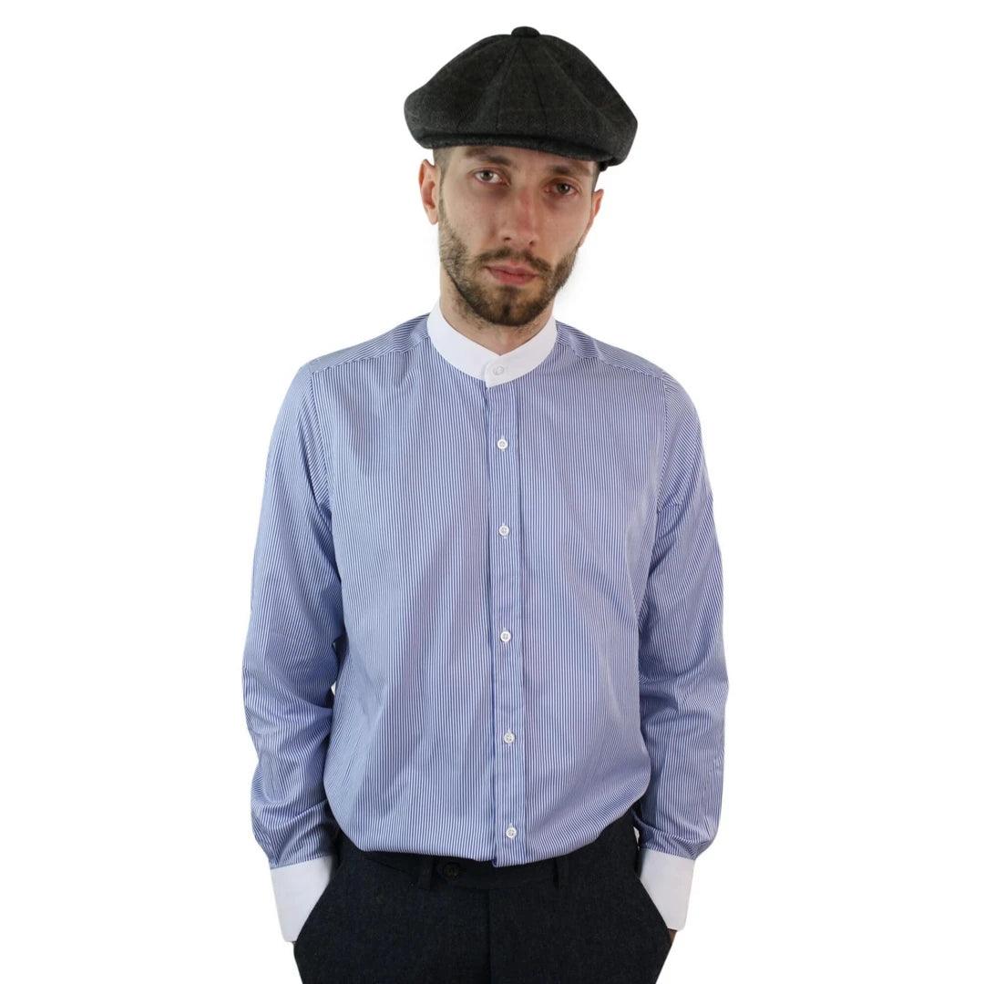 Mens Retro 1920s Shirt Vintage Classic Removable Collar Stripe Grandad Nehru Shelby Penny Button - Knighthood Store