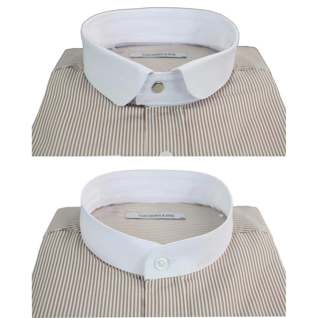 Mens Retro 1920s Shirt Vintage Classic Removable Collar Stripe Grandad Nehru Shelby Penny Button - Knighthood Store