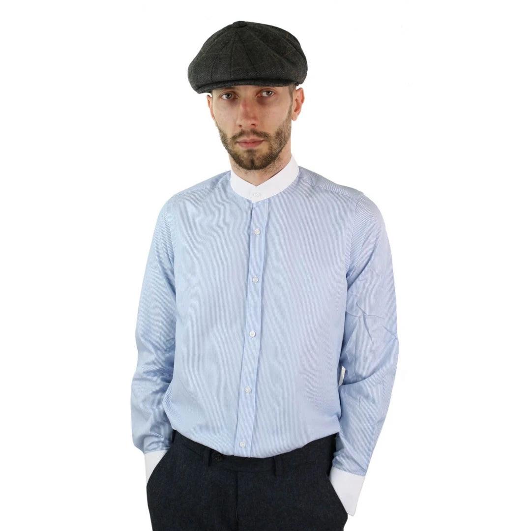 Mens Retro 1920s Shirt Vintage Classic Removable Collar Stripe Grandad Nehru Shelby Penny Button - Knighthood Store