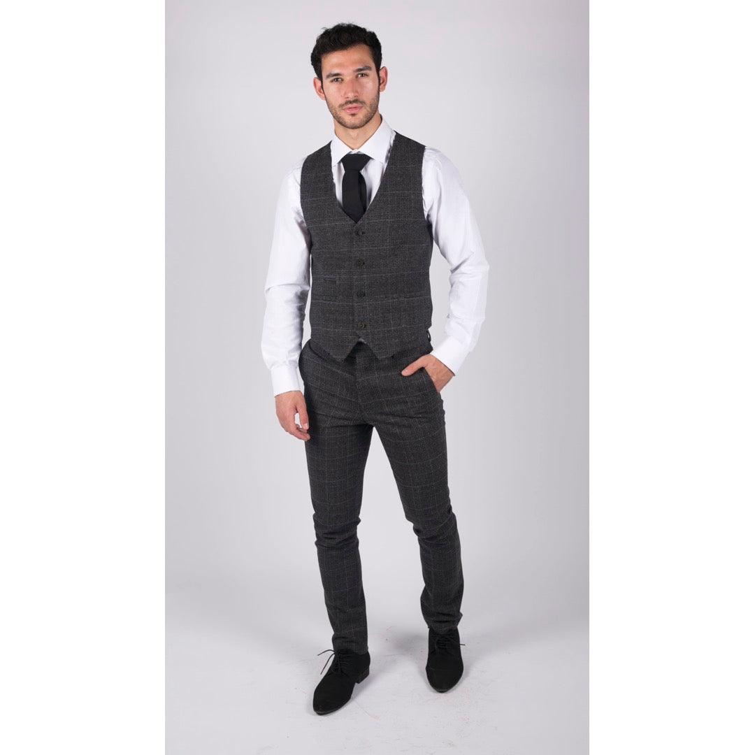 Mens Classic Waistcoat Prince Of Wales Check Dark Grey Slim Fit Vintage Wedding - Knighthood Store