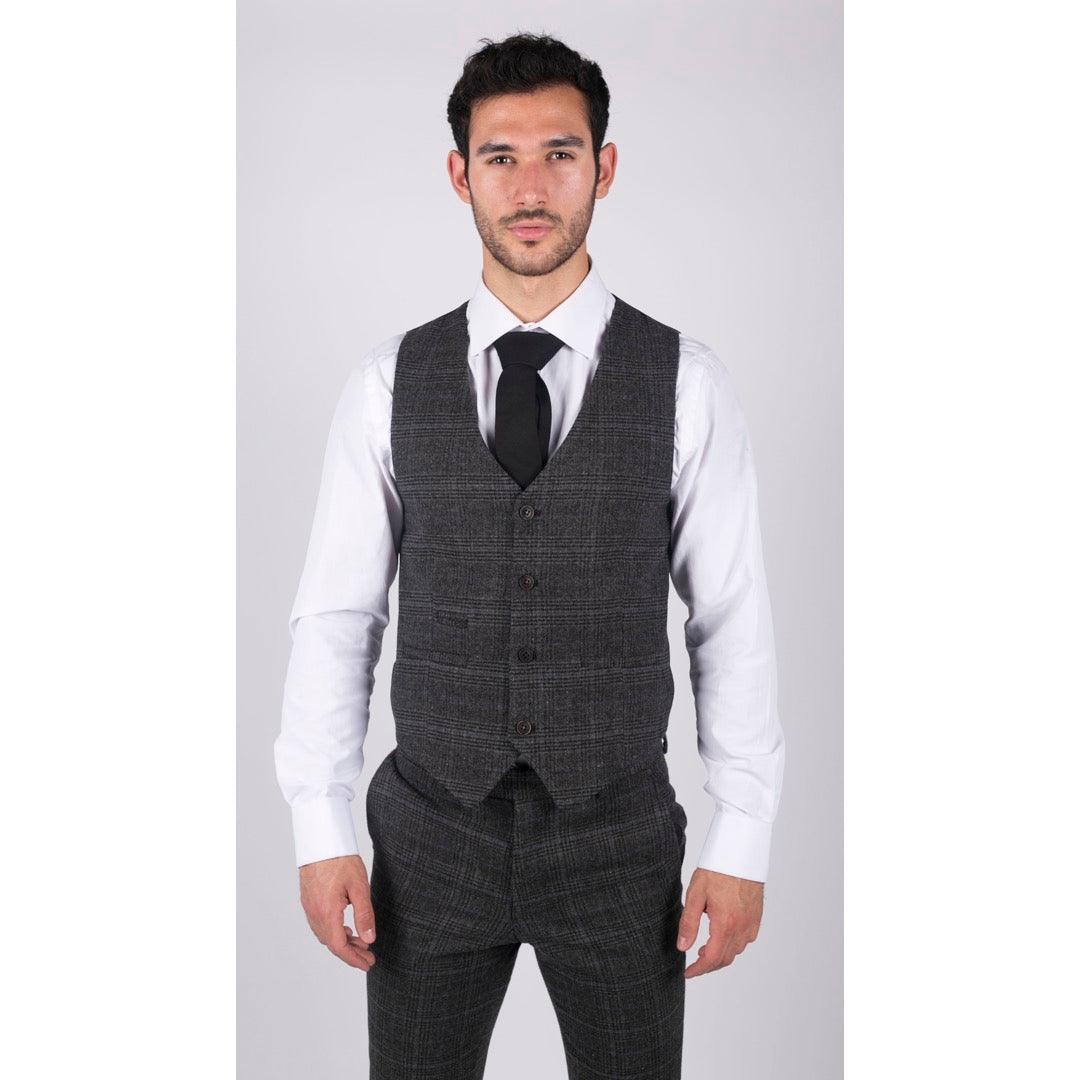 Mens Classic Waistcoat Prince Of Wales Check Dark Grey Slim Fit Vintage Wedding - Knighthood Store