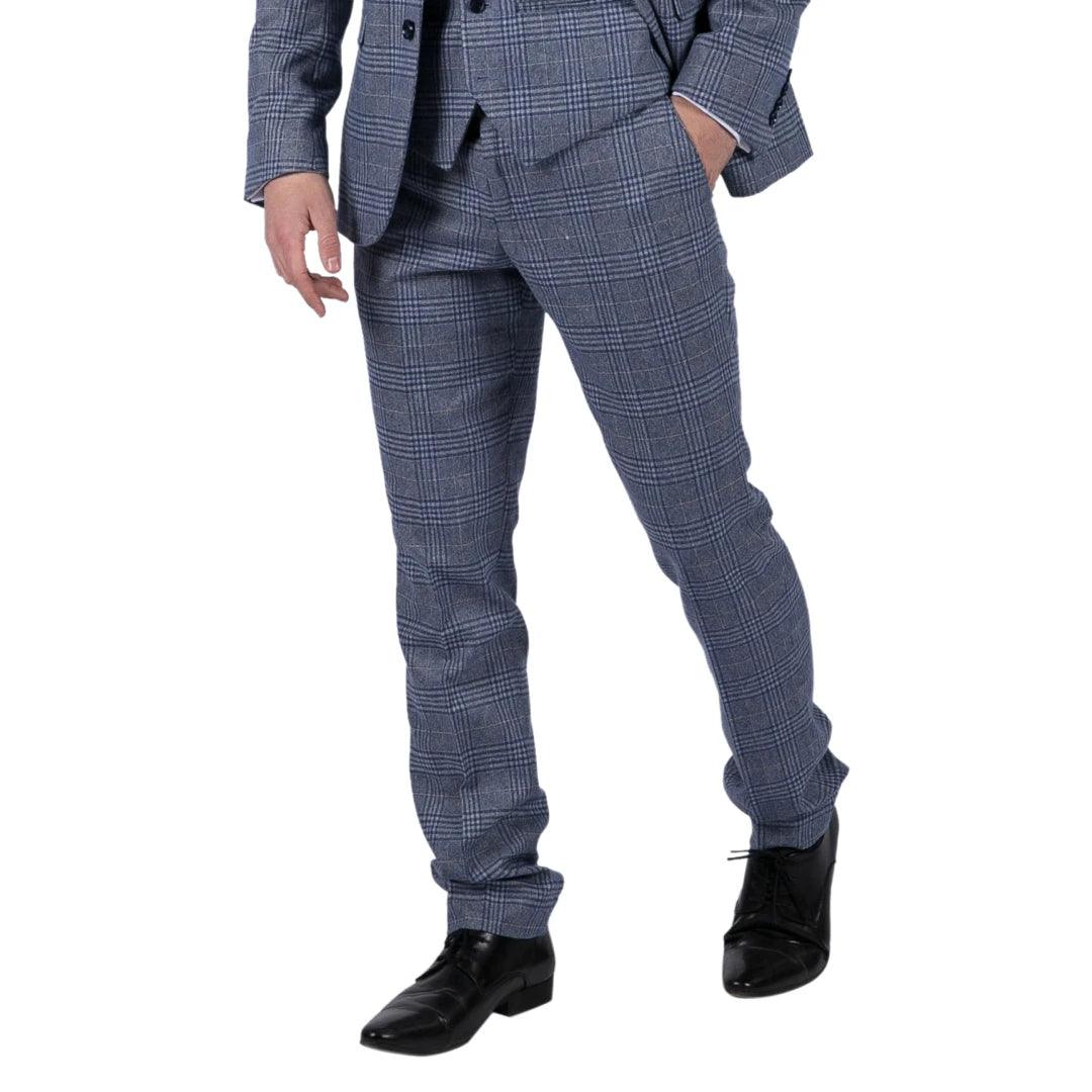 Mens Classic Trousers Tweed Check Retro 1920s Gatsby Blinders Royal Blue Wedding - Knighthood Store