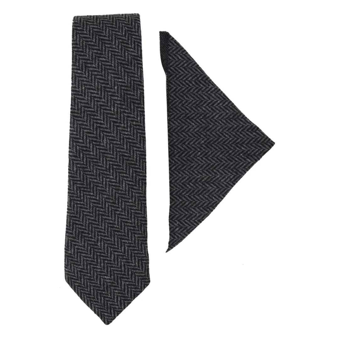 Mens Tweed Tie Hankie Set Classic Vintage British Heritage Wool Herringbone - Knighthood Store