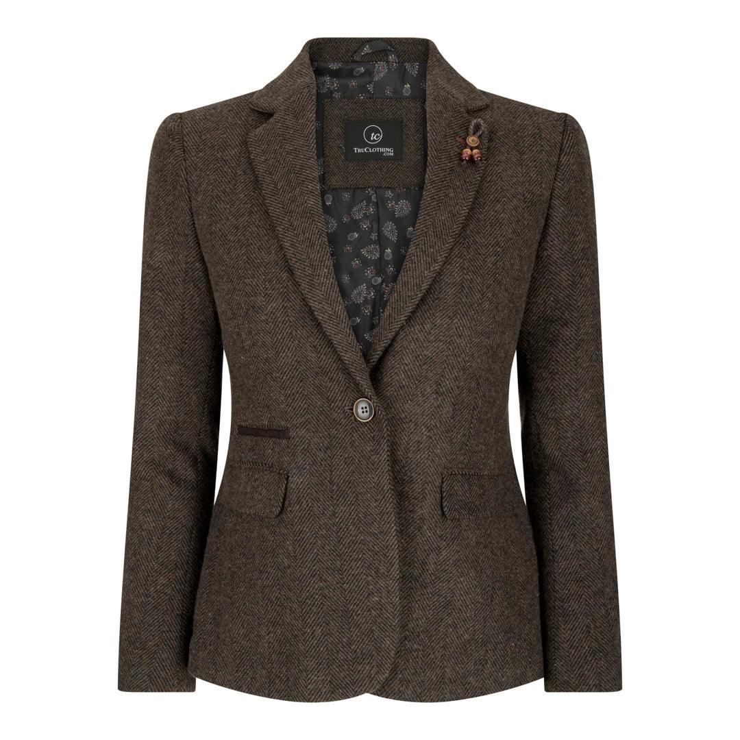 Womens Tweed Herringbone Blazer Jacket Waistcoat Brown 1920s Vintage Tailored - Knighthood Store