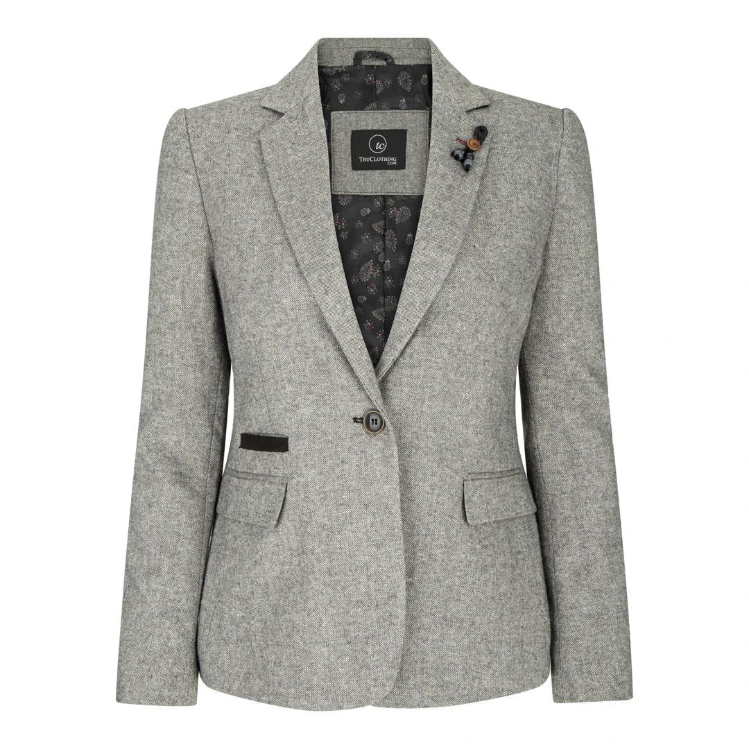 Womens Tweed Grey Black Blazer Jacket Waistcoat Elow Patch Classic Peaky 1920s - Knighthood Store