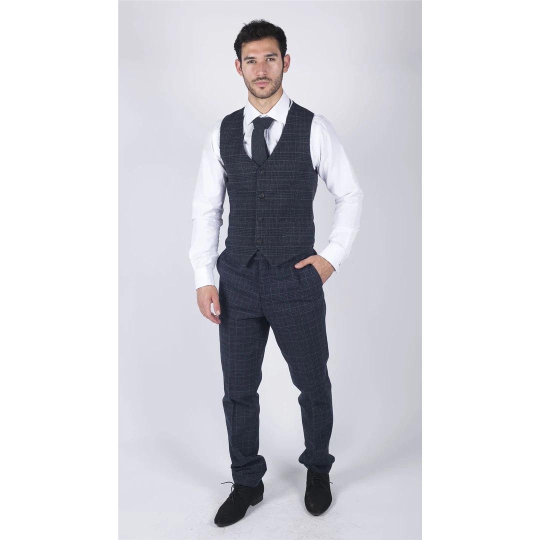 Mens Classic Waistcoat Prince Of Wales Check Blue Slim Fit Vintage Wedding - Knighthood Store