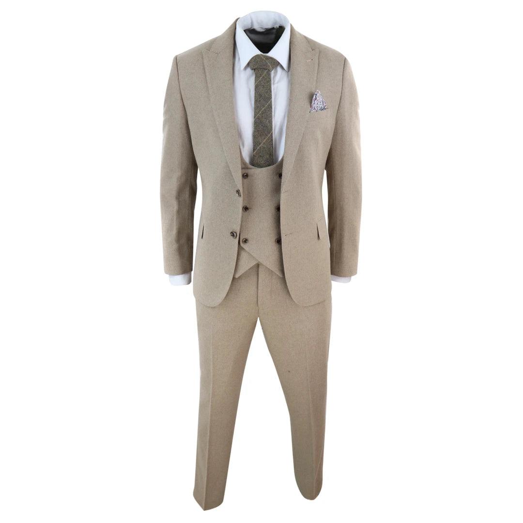 Men Tweed 3 Piece Suit Tan Oak Double Breasted Tailored Fit Wedding - Knighthood Store