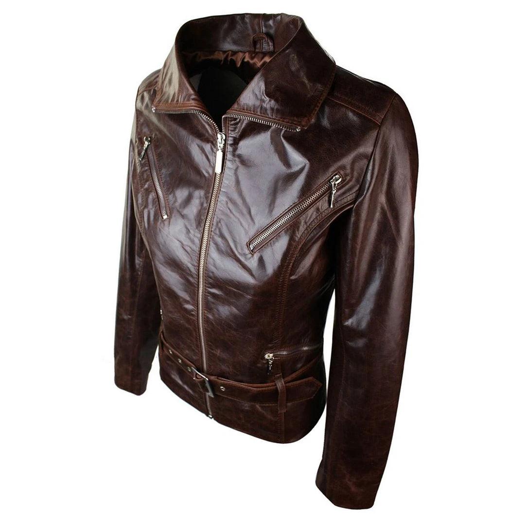 Ladies Women Real Leather Biker Style Rock Belted Vintage Brown Jacket - Knighthood Store