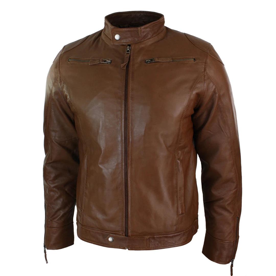 Mens Real Leather Jacket Biker Style Vintage Burgandy Wine Zip Pockets Casual Retro - Knighthood Store