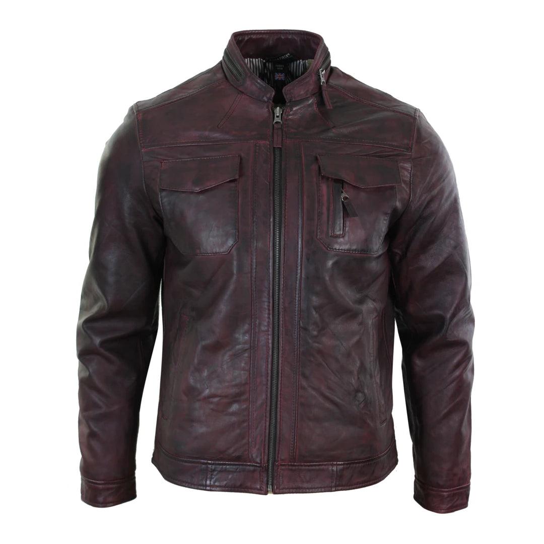Mens Short Zipped Casual Wine Burgundy Real Leather Retro Biker Jacket Washed Vintage - Knighthood Store