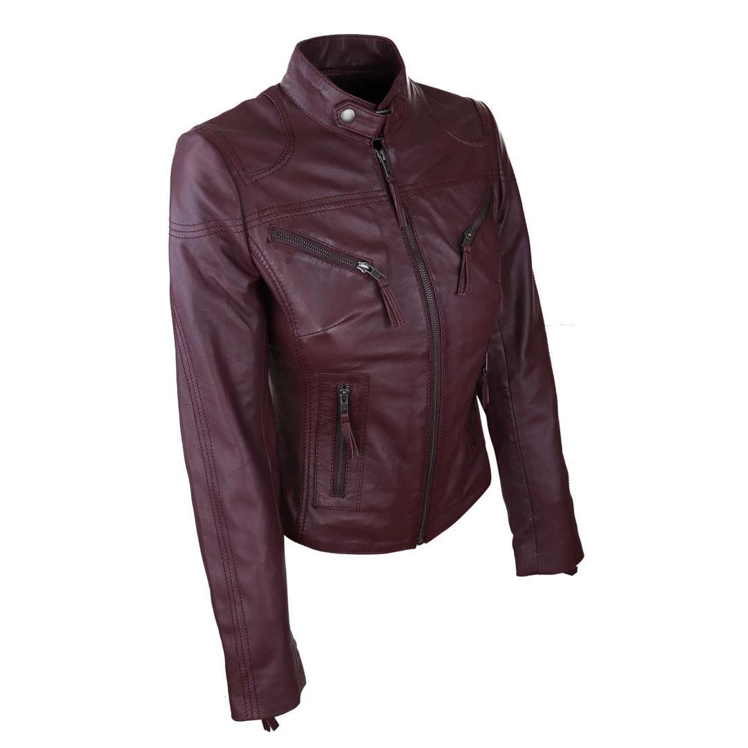 Ladies Womens Real Leather Vintage Slim Fit Biker Leather Jacket - Knighthood Store