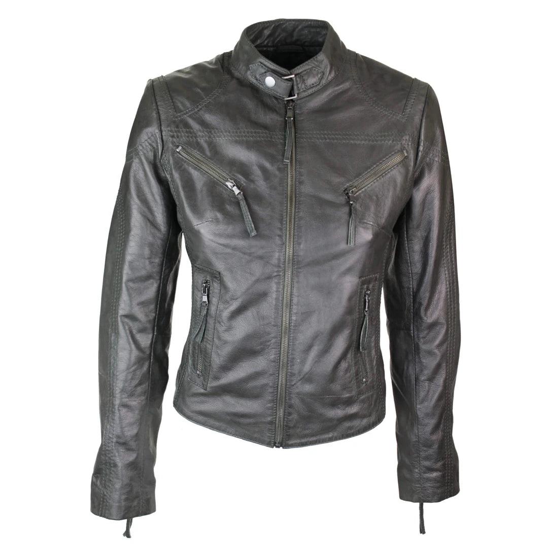 Ladies Womens Real Leather Vintage Slim Fit Biker Leather Jacket - Knighthood Store