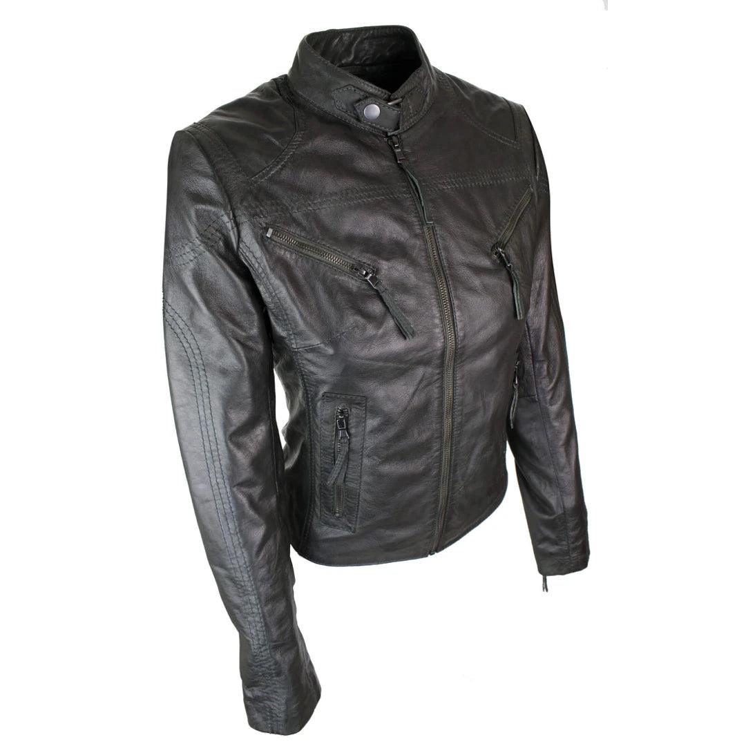 Ladies Womens Real Leather Vintage Slim Fit Biker Leather Jacket - Knighthood Store