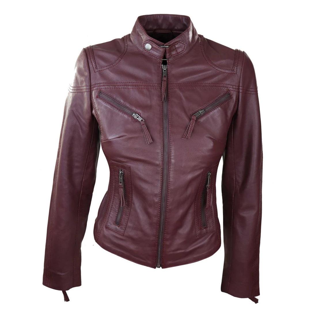 Ladies Womens Real Leather Vintage Slim Fit Biker Leather Jacket - Knighthood Store