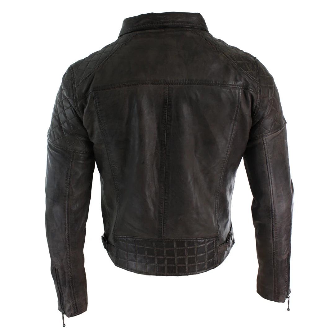 Mens Vintage Washed Tan Brown Real Leather Biker Jacket Cross Zip Retro Casual - Knighthood Store