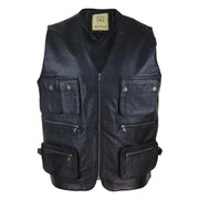Mens Black Real Leather Fisherman Waistcoat Multi Pocket Combat Fishing Hunting - Knighthood Store