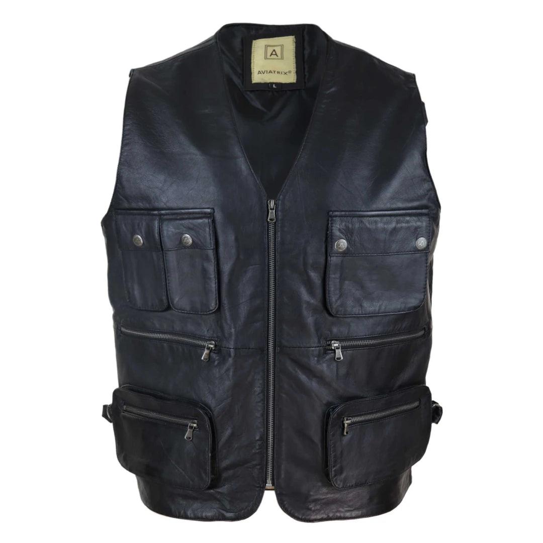 Mens Black Real Leather Fisherman Waistcoat Multi Pocket Combat Fishing Hunting - Knighthood Store