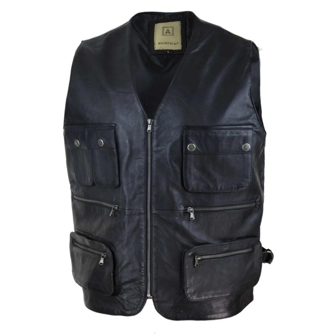 Mens Black Real Leather Fisherman Waistcoat Multi Pocket Combat Fishing Hunting - Knighthood Store