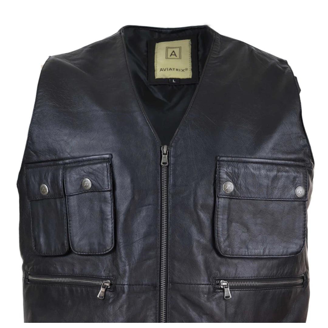 Mens Black Real Leather Fisherman Waistcoat Multi Pocket Combat Fishing Hunting - Knighthood Store