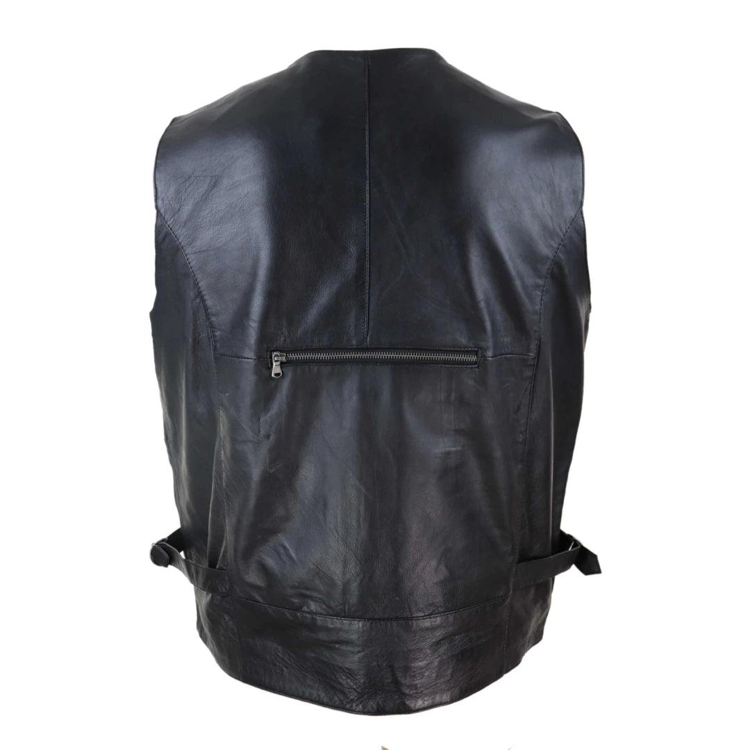 Mens Black Real Leather Fisherman Waistcoat Multi Pocket Combat Fishing Hunting - Knighthood Store