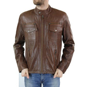 Mens Genuine Leather Biker Jacket Zipped Nehru Grandad Collar Regular Fit - Knighthood Store
