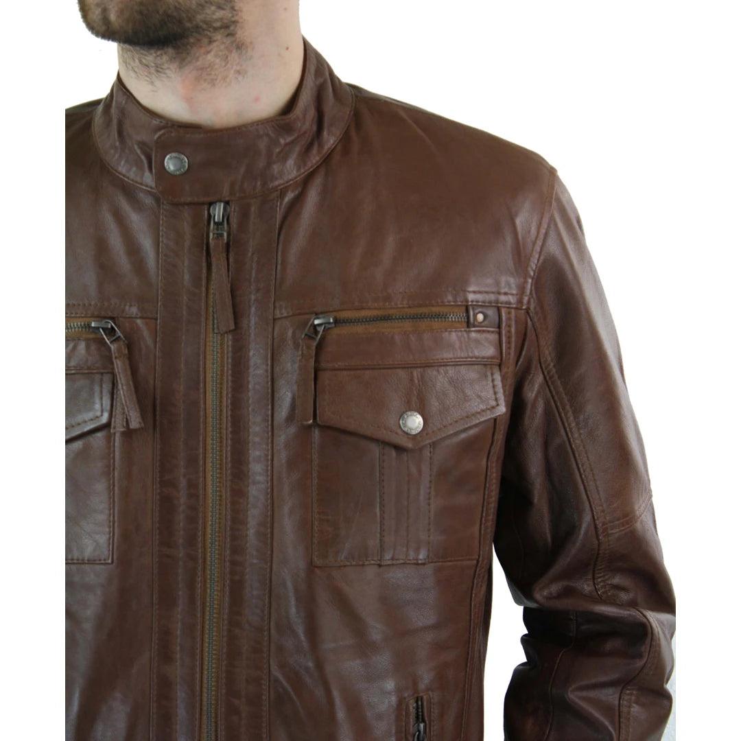 Mens Genuine Leather Biker Jacket Zipped Nehru Grandad Collar Regular Fit - Knighthood Store