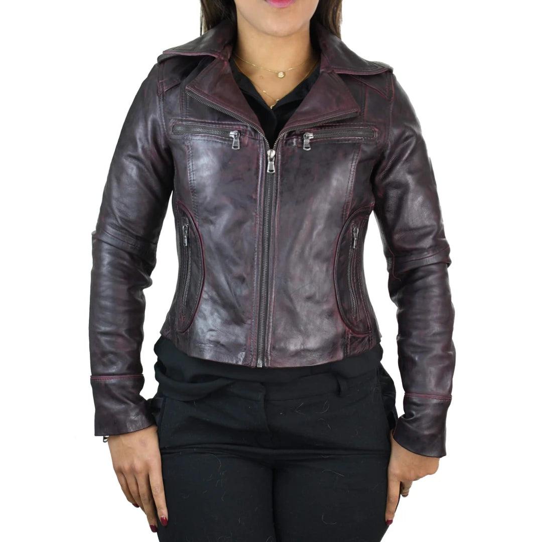 Ladies Women Real Leather Biker Rock Purple Red Slim Fit Jacket - Knighthood Store