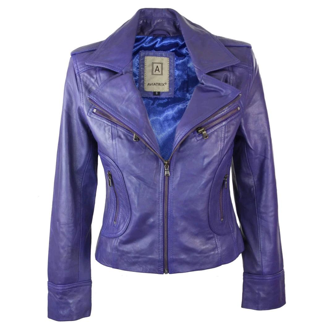 Ladies Women Real Leather Biker Rock Purple Red Slim Fit Jacket - Knighthood Store