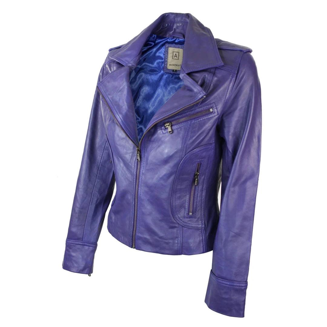 Ladies Women Real Leather Biker Rock Purple Red Slim Fit Jacket - Knighthood Store