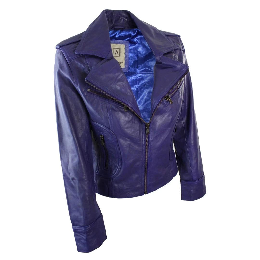 Ladies Women Real Leather Biker Rock Purple Red Slim Fit Jacket - Knighthood Store