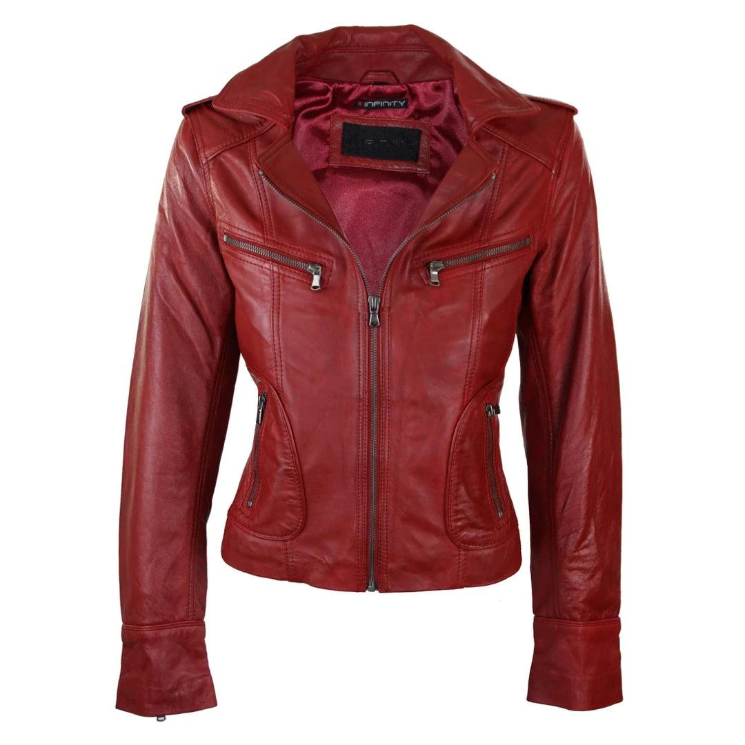 Ladies Women Real Leather Biker Rock Purple Red Slim Fit Jacket - Knighthood Store