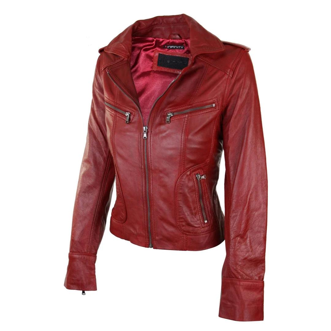Ladies Women Real Leather Biker Rock Purple Red Slim Fit Jacket - Knighthood Store