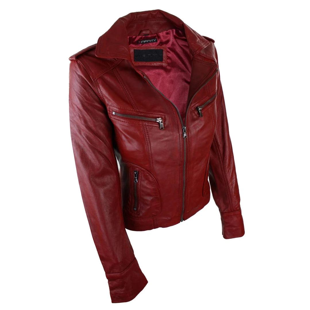 Ladies Women Real Leather Biker Rock Purple Red Slim Fit Jacket - Knighthood Store