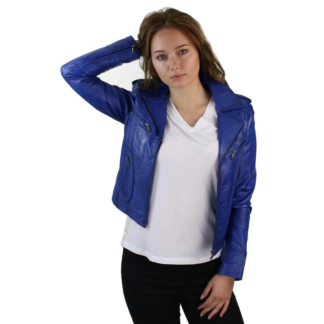 Ladies Women Real Leather Biker Rock Purple Red Slim Fit Jacket - Knighthood Store