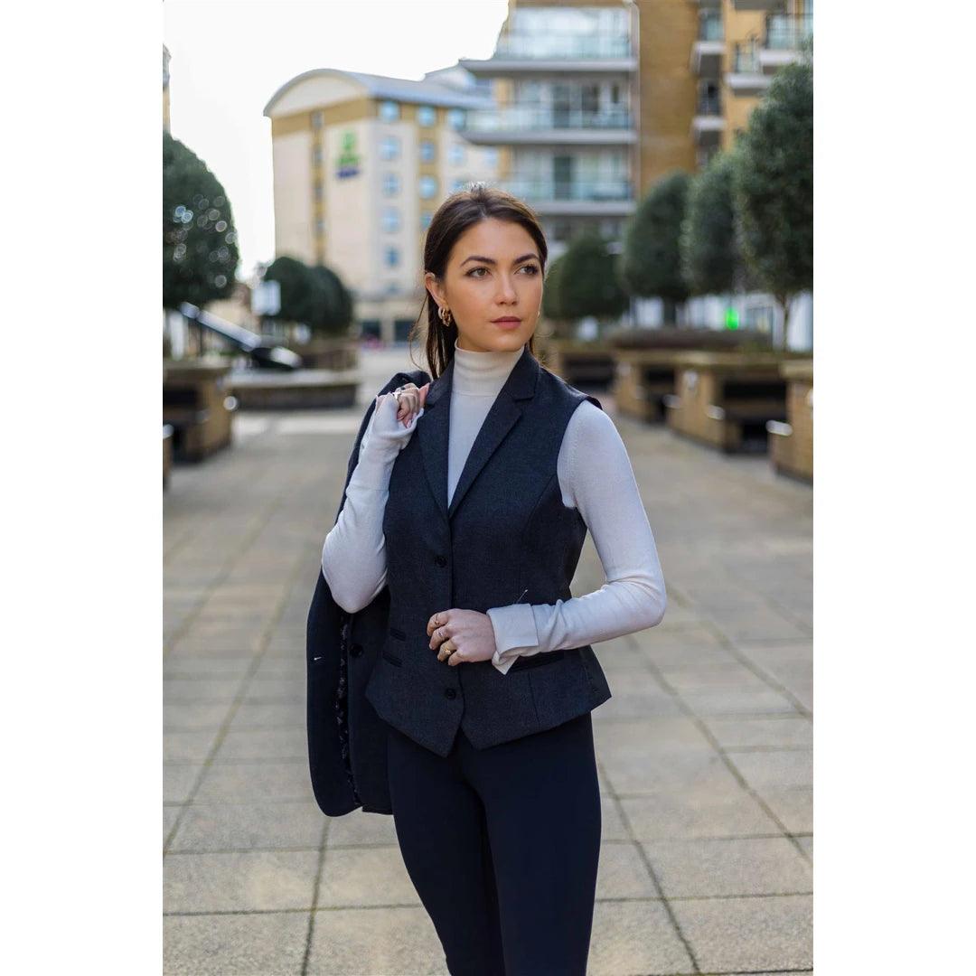Women Black Blazer Waistcoat Tweed Herringbone Wool Classic Smart Casual Vintage 1920s - Knighthood Store