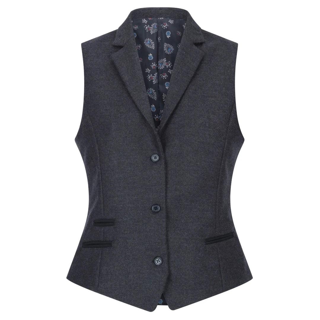 Women Black Blazer Waistcoat Tweed Herringbone Wool Classic Smart Casual Vintage 1920s - Knighthood Store