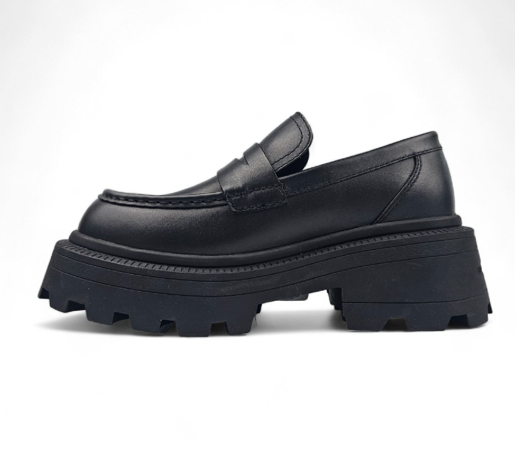 True - Women's Black Slip On Chunky Leather Loafers