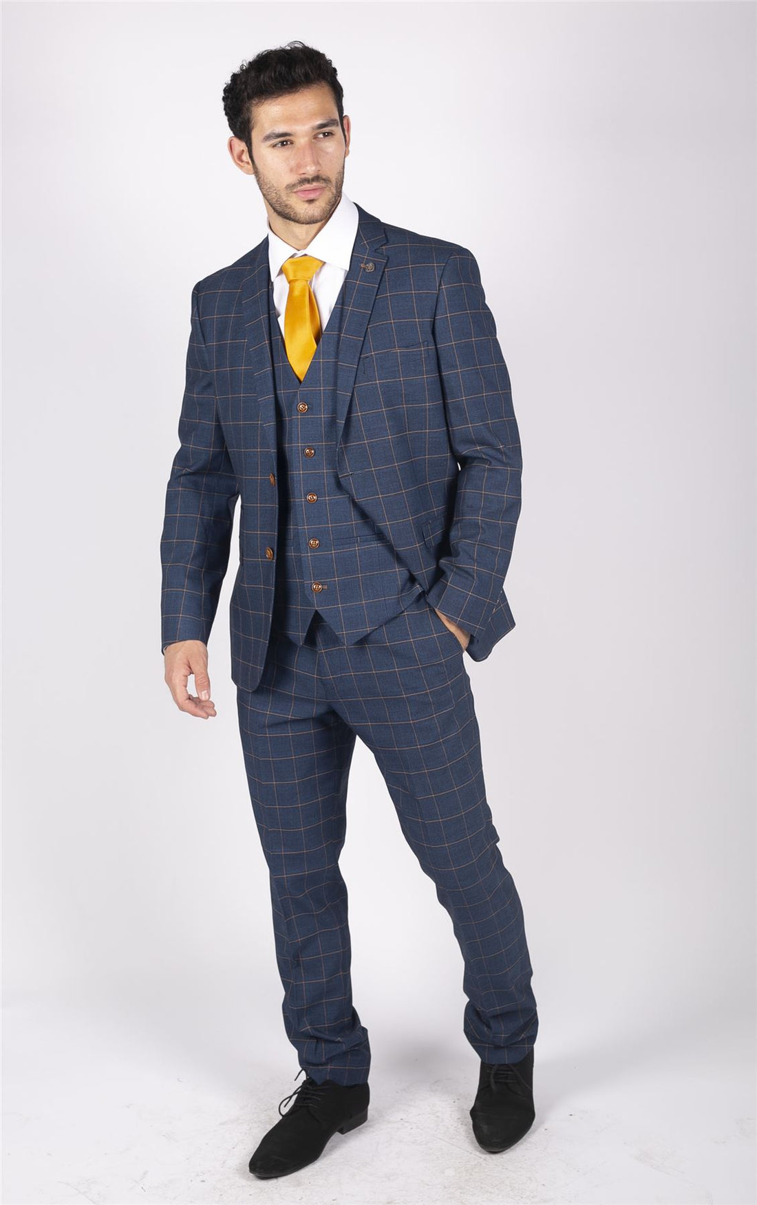 Mens 3 Piece Blue Orange Check Suit Retro Smart Tailored Fit Vintage