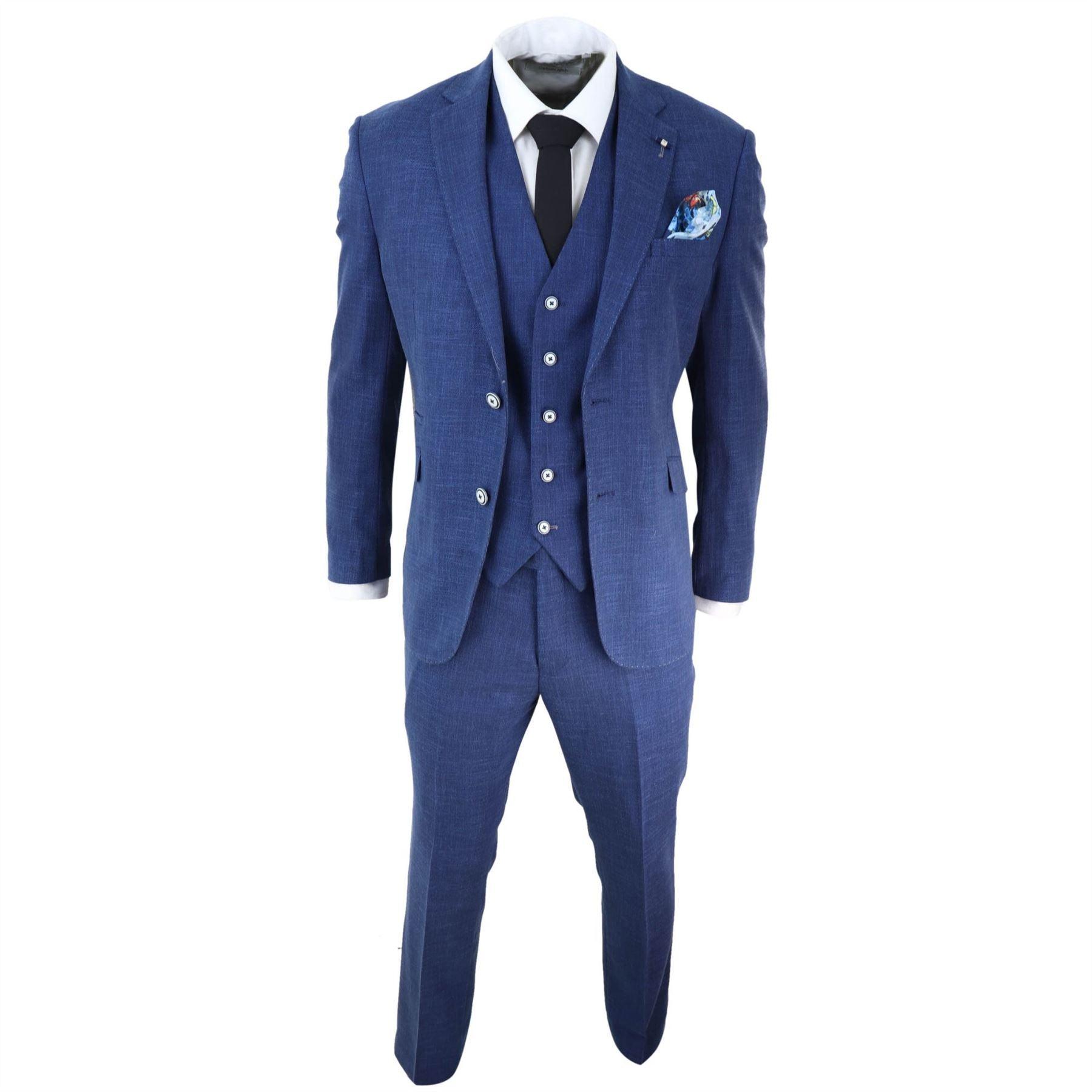 Mens 3 Piece Suit Blue Summer Linen Tailored Fit Wedding Prom Classic - Knighthood Store