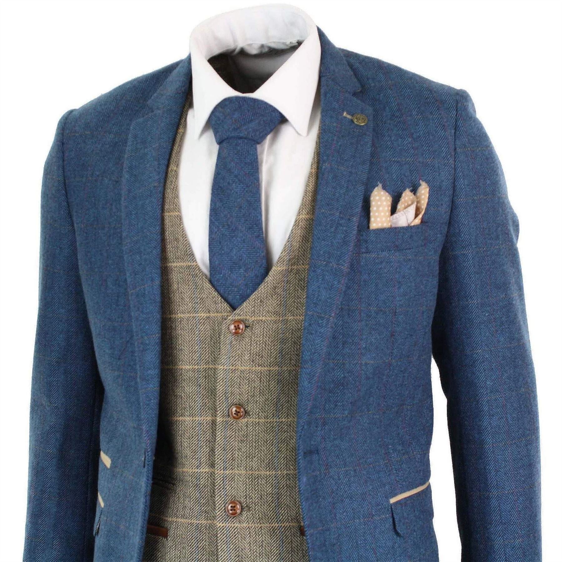 Mens Blue Tan Brown 3 Piece Herringbone Tweed Check Vintage Tailored Fit Suit