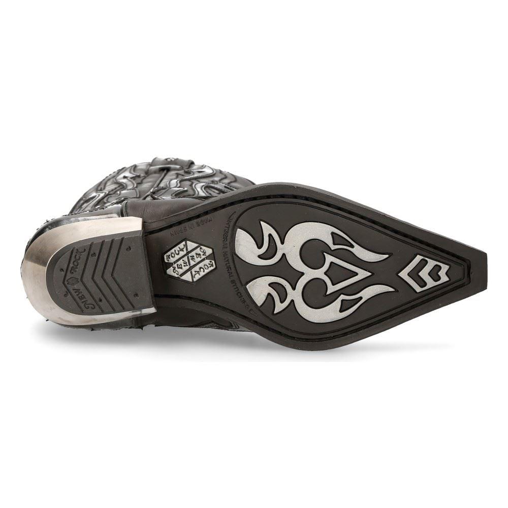 New Rock M-7921-S3 Silver Flame Boots Black Leather Heavy Biker Western Cowboy - Knighthood Store