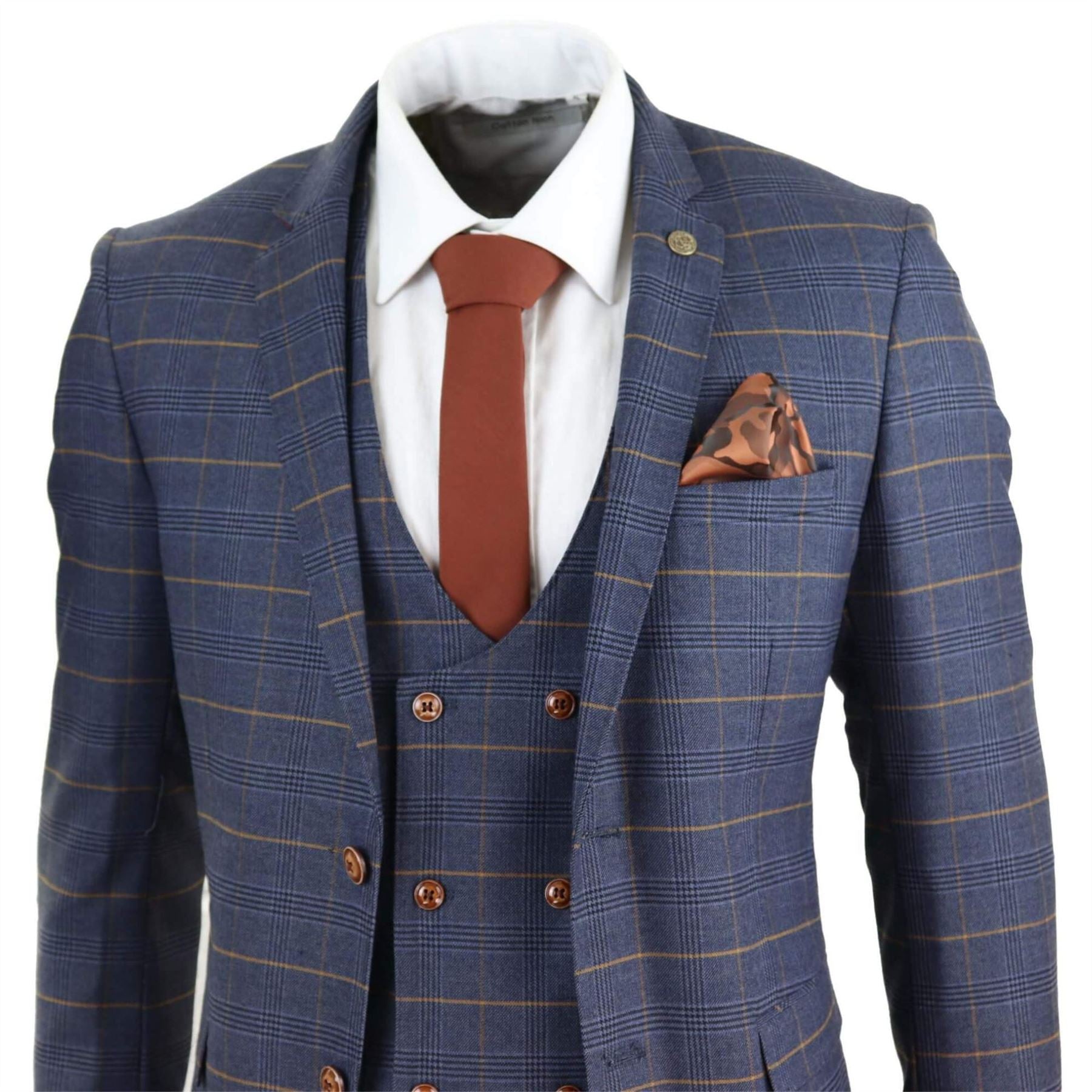 Mens 3 Piece Navy Blue Tan Check Double Breasted Waistcoat Formal Suit Classic