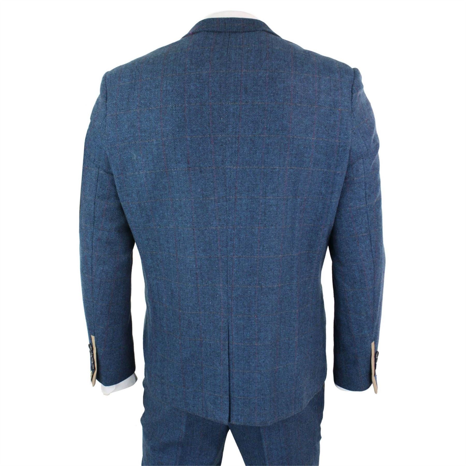 Mens Blue Tan Brown 3 Piece Herringbone Tweed Check Vintage Tailored Fit Suit