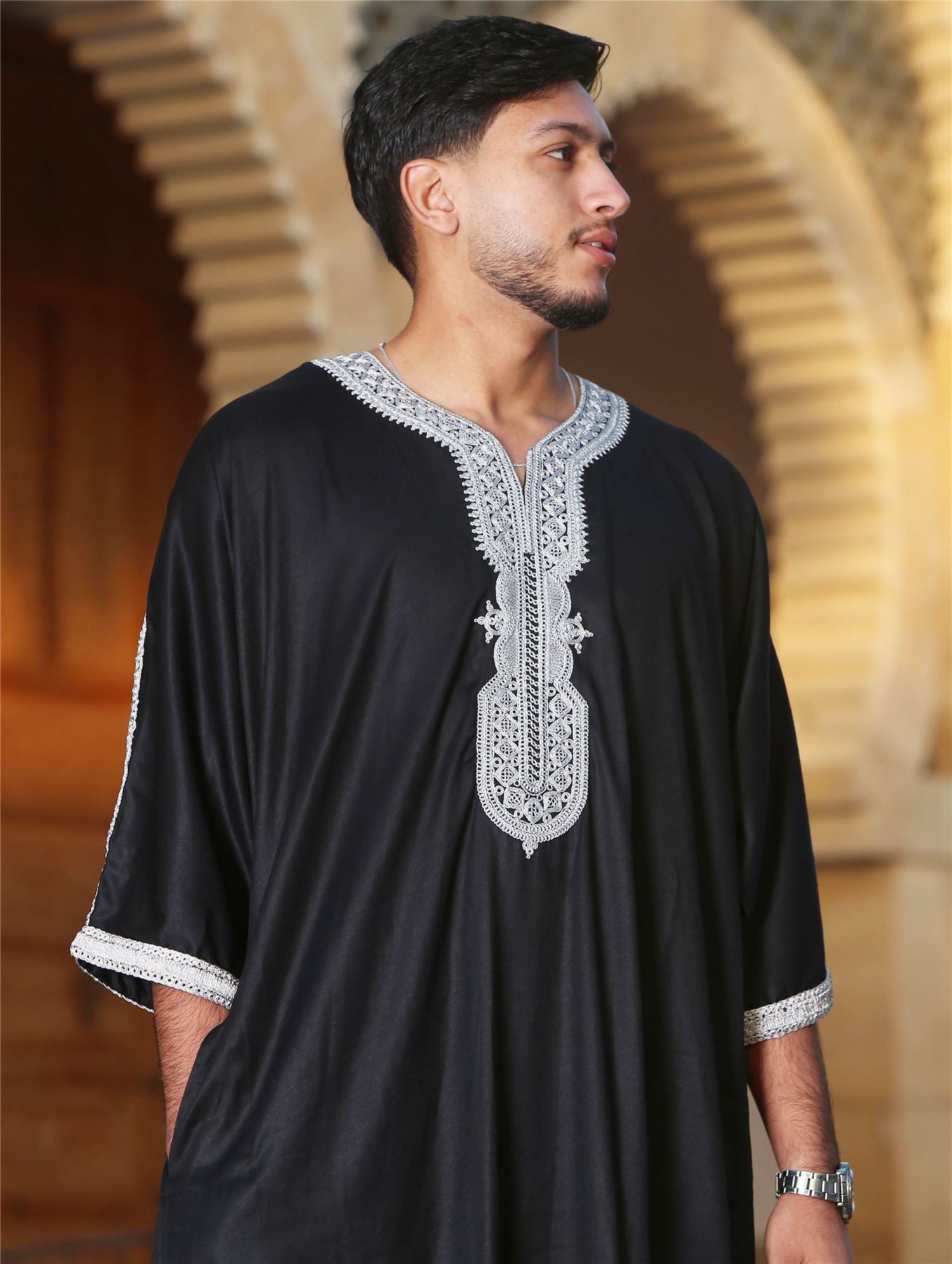 Men's Moroccan Thobe Short Sleeve Gandoura Embroidery Kaftan Jubba